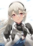  1girl bangs black_gloves black_hairband black_shirt breastplate breasts commentary_request corrin_(fire_emblem) corrin_(fire_emblem)_(female) eyebrows_visible_through_hair fire_emblem fire_emblem_fates gloves grey_hair hair_between_eyes hairband hands_up highres long_hair looking_at_viewer medium_breasts parted_lips pointy_ears puffy_sleeves red_eyes shirt simple_background solo upper_body very_long_hair white_background yappen 