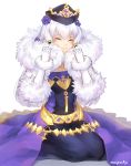 1girl absurdres closed_mouth dress fire_emblem fire_emblem:_three_houses fire_emblem_heroes fur_trim gloves hair_ornament hat highres long_hair lysithea_von_ordelia pink_eyes rainpoow simple_background smile solo white_background white_gloves white_hair 