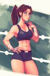  1girl abs absurdres bandaged_arm bandages carlos_eduardo green_eyes hand_on_own_shoulder highres looking_ahead muscle original ponytail solo sports_bra tied_hair 