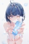  1girl bare_shoulders blue_eyes blue_hair bottle cowlick eyebrows_visible_through_hair highres holding holding_bottle looking_at_viewer one_eye_closed original shia_job solo squatting water_bottle white_background 