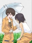  2girls animal bangs bob_cut brown_eyes brown_hair cat closed_mouth clothes_around_waist dark_skin girls_und_panzer gloves green_eyes grey_sky holding holding_animal holding_umbrella hoshino_(girls_und_panzer) jumpsuit long_sleeves mechanic multiple_girls mutsu_(layergreen) nakajima_(girls_und_panzer) name_tag orange_jumpsuit outdoors rain shirt short_hair smile standing tank_top transparent transparent_umbrella umbrella uniform white_gloves white_shirt 