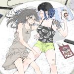  2girls :d bandaid can candy closed_eyes controller dress food futon glasses grey_eyes grey_hair hand_on_thigh holding holding_can katoh_oh long_hair lying multiple_girls open_mouth original pillow remote_control shorts smile sundress tank_top tattoo yuri 