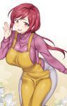  1girl absurdres apron breasts eyebrows_visible_through_hair flower gradient gradient_background highres large_breasts lips looking_at_viewer mole mole_under_mouth original pink_sweater ponytail red_eyes redhead smile solo sweater teeth turtleneck turtleneck_sweater yakimi_27 yellow_apron 
