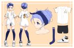  1girl antenna_hair bandana baseball_jersey bike_shorts blue_legwear chaesu character_sheet commentary english_commentary forehead full_body hair_bun highres lavender_hair messy_hair minah_(chaesu) multiple_views original over-kneehighs shoes sneakers solo sportswear thigh-highs turnaround untied_shoes updo violet_eyes 