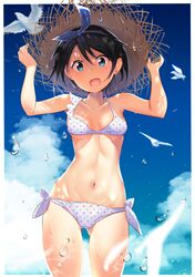  1girl animal arms_up ass_visible_through_thighs bangs bare_arms bare_shoulders bikini bird black_hair blue_eyes blue_ribbon blue_sky breasts brown_headwear cac_itinose clouds collarbone commentary_request day eyebrows_visible_through_hair hair_between_eyes hair_ribbon hands_on_headwear hat highres kanojo_okarishimasu medium_breasts navel outdoors polka_dot polka_dot_bikini ribbon sarashina_ruka side-tie_bikini signature sky solo straw_hat swimsuit water_drop white_bikini 