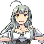  1girl ahoge artist_request blush bow breast_hold breasts dress eyebrows_visible_through_hair frilled_dress frills grey_hair hair_ornament hairclip kitami_sawako large_breasts long_hair looking_at_viewer mahjong_soul open_mouth smile white_background yellow_eyes 
