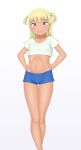  1girl absurdres blonde_hair blue_shorts hands_on_hips highres midriff navel original sc_naru shirt short_shorts short_sleeves short_twintails shorts simple_background standing twintails white_background white_shirt 