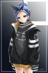  1girl bandana blue_eyes blue_hair chaesu forehead hair_bun highres looking_at_viewer messy_hair minah_(chaesu) original outside_border oversized_clothes sleeves_past_wrists solo standing sweater turtleneck turtleneck_sweater updo 