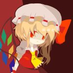  1girl artist_request ascot asymmetrical_wings blonde_hair chibi flandre_scarlet hat mob_cap puffy_short_sleeves puffy_sleeves red_eyes short_sleeves side_ponytail solo touhou wings 