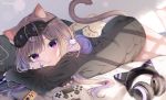  1girl :t animal_ear_fluff animal_ears bangs barefoot bed_sheet black_hoodie brown_hair cat_ear_headphones cat_ears cat_girl cat_tail closed_mouth commentary_request eyebrows_visible_through_hair fake_animal_ears hair_between_eyes handheld_game_console headphones headphones_removed hood hood_down hoodie leo_(mafuyu) long_hair long_sleeves looking_at_viewer lying mafuyu_(chibi21) mask mask_on_head multicolored_hair on_side original pillow playstation_controller purple_hair sleep_mask sleeves_past_wrists smile solo streaked_hair tail twitter_username violet_eyes 