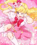  1girl ;d bangs blonde_hair boots bow bowtie cure_miracle eyebrows_visible_through_hair floating_hair gloves hair_between_eyes hair_bow hairband hat high_ponytail highres knee_boots layered_skirt long_hair mahou_girls_precure! mini_hat miniskirt one_eye_closed open_mouth pink_gloves pink_hairband pink_headwear pink_skirt precure red_bow red_neckwear shiny shiny_hair shipu_(gassyumaron) shirt short_sleeves side_ponytail skirt smile solo swept_bangs very_long_hair violet_eyes white_footwear white_shirt witch_hat 