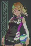  1girl black_background black_nails blonde_hair brown_hair chromatic_aberration elbow_sleeve eyebrows_visible_through_hair gradient_hair group_name gyaru highres idolmaster idolmaster_shiny_colors izumi_mei jersey leuko logo long_hair looking_at_viewer multicolored_hair ponytail shorts simple_background sleeveless smile solo sportswear tan volleyball volleyball_uniform 
