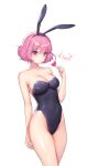  1girl :/ animal_ears bangs bare_shoulders black_leotard blush bob_cut breasts bunnysuit collarbone covered_navel cowboy_shot crossed_legs fake_animal_ears groin hand_up heart highleg highleg_leotard highres leotard medium_breasts original pink_eyes pink_hair rabbit_ears shiny shiny_clothes shiny_skin short_hair sideboob signature simple_background solo standing strapless strapless_leotard tomto_mood 