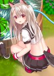 1girl :d animal animal_ears azur_lane bangs black_sailor_collar black_skirt blush braid commentary_request crop_top day eyebrows_visible_through_hair fingerless_gloves flower food from_behind fruit gloves grey_hair hair_between_eyes hose long_hair looking_at_viewer looking_back loose_socks midriff one_side_up open_mouth outdoors pleated_skirt puffy_short_sleeves puffy_sleeves purple_flower red_eyes red_footwear red_gloves sailor_collar shirt shoes short_sleeves skirt smile socks solo squatting tail thick_eyebrows tsukino_neru water watermelon white_legwear white_shirt wolf wolf_ears wolf_girl wolf_tail yuudachi_(azur_lane) 