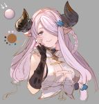  1girl bangs blue_eyes blush breasts color_guide draph elbow_gloves fang gloves granblue_fantasy grey_background hair_ornament hair_over_one_eye horns large_breasts lavender_hair long_hair narmaya_(granblue_fantasy) niii partially_colored pointy_ears sleeveless smile solo upper_body 