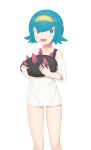  1girl :d absurdres animal blue_eyes blue_hair gen_7_pokemon hairband highres holding holding_animal looking_at_viewer open_mouth pokemon pokemon_(creature) pokemon_(game) pokemon_sm pyukumuku sc_naru shirt short_hair simple_background smile standing suiren_(pokemon) swimsuit swimsuit_under_clothes trial_captain white_background white_shirt yellow_headband 