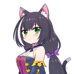 1girl animal_ears bangs bare_shoulders black_hair black_neckwear black_ribbon blush bow cat_ears cat_girl cat_tail chan_co closed_mouth detached_sleeves eyebrows_visible_through_hair green_eyes hair_bow karyl_(princess_connect!) long_hair looking_at_viewer low_twintails motion_lines multicolored multicolored_clothes multicolored_hair neck_ribbon princess_connect! princess_connect!_re:dive purple_bow ribbon solo streaked_hair tail tail_ribbon twintails two-tone_hair upper_body very_long_hair white_hair 