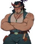  1boy absurdres bara bare_shoulders beard blush chest crossed_arms dark_blue_hair facial_hair fang highres horns jewelry looking_at_viewer male_focus muscle necklace pectorals red_eyes ruslorc scar solo takemaru_(tokyo_houkago_summoners) tank_top thick_eyebrows tokyo_houkago_summoners upper_body 