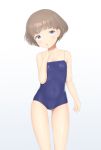  1girl absurdres ass_visible_through_thighs blue_eyes blue_swimsuit breasts brown_hair covered_navel highres index_finger_raised looking_at_viewer one-piece_swimsuit sc_naru school_swimsuit short_hair simple_background small_breasts solo standing swimsuit white_background 