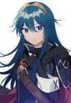  1girl armor belt black_cape black_gloves black_sweater blue_eyes blue_hair breastplate cape closed_mouth commentary_request eyebrows_visible_through_hair fingerless_gloves fire_emblem fire_emblem_awakening gloves hair_between_eyes hand_on_own_chest long_hair long_sleeves looking_at_viewer lucina lucina_(fire_emblem) multicolored multicolored_cape multicolored_clothes red_cape ribbed_sweater ryon_(ryonhei) shoulder_armor simple_background solo sweater symbol-shaped_pupils tiara turtleneck turtleneck_sweater white_background 