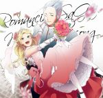  1boy 1girl blonde_hair breasts chimaki_(impressiveanarchy) closed_mouth dress earrings elbow_gloves gian_(saga) gloves jewelry long_hair looking_at_viewer myriam_(saga) open_mouth pantyhose romancing_saga romancing_saga_minstrel_song saga wedding_dress 