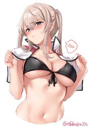  1girl bikini black_bikini blonde_hair blue_eyes blush breasts capelet closed_mouth collarbone cropped_torso ebifurya eyebrows_visible_through_hair front-tie_bikini front-tie_top graf_zeppelin_(kantai_collection) groin hair_between_eyes highres kantai_collection large_breasts long_hair navel no_hat no_headwear sidelocks simple_background solo spoken_blush swimsuit twintails twitter_username white_background 