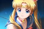  1girl bishoujo_senshi_sailor_moon blonde_hair blue_eyes blue_sailor_collar blush choker collarbone commentary crescent crescent_earrings derivative_work diadem earrings eyebrows_visible_through_hair forehead_jewel hair_ornament hair_over_shoulder heart heart_choker jewelry kaze-hime long_hair red_choker sailor_collar sailor_moon sailor_moon_redraw_challenge sailor_senshi_uniform screencap_redraw solo sweatdrop tsukino_usagi twintails upper_body 