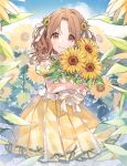  1girl bangs bouquet bow brown_eyes brown_hair chiri_(ch!) closed_mouth collared_dress cowboy_shot day dress floral_background flower green_ribbon hair_flower hair_ornament hair_ribbon hands_up holding holding_bouquet ichikawa_hinana idolmaster idolmaster_shiny_colors long_hair looking_at_viewer outdoors parted_bangs pleated_dress puffy_short_sleeves puffy_sleeves ribbon see-through see-through_sleeves short_sleeves smile solo standing sunflower wavy_hair white_bow white_flower white_ribbon yellow_dress yellow_flower 