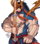  1boy abs bara blue_fur chest dog furry gen_8_pokemon highres holding holding_sword holding_weapon legendary_pokemon male_focus muscle nipples pectoral_press pectorals pokemon pokemon_(creature) pokemon_(game) pokemon_swsh ruslorc shirtless solo sword weapon white_background yellow_eyes zacian zacian_(crowned) 