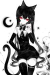  1girl animal_ears artist_name bangs bare_shoulders black_hair black_legwear cat_ears cat_tail commentary cowboy_shot detached_sleeves hair_between_eyes head_tilt highres long_hair nail_polish original red_eyes red_nails sheya signature solo standing symbol_commentary tail thigh-highs thigh_strap twintails very_long_hair 