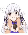  1girl :3 ? banelon bare_shoulders blush cheek_squash commentary_request cropped_shoulders eyebrows_visible_through_hair fire_emblem fire_emblem:_three_houses fire_emblem_heroes hair_ornament highres holding_another&#039;s_arm long_hair looking_at_viewer lysithea_von_ordelia pink_eyes pov pov_hands simple_background sketch upper_body very_long_hair white_background white_hair 