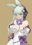  1girl animal_ears arms_behind_back bare_shoulders bow breasts detached_sleeves dress expressionless facial_mark girls_frontline green_eyes hair_ornament hat hk416_(girls_frontline) juliet_sleeves large_breasts long_hair long_sleeves looking_at_viewer puffy_sleeves rabbit_ears ribbon simple_background smile_(mm-l) solo teardrop white_dress 