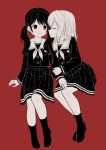  2girls arm_grab bang_dream! bangs collarbone eyebrows_visible_through_hair facing_another futaba_tsukushi hair_between_eyes kurata_mashiro long_hair long_sleeves looking_at_another monochrome multiple_girls neckerchief no_shoes parted_lips pleated_skirt profile red_background red_eyes saiko_dagashi sailor_collar school_uniform serafuku shirt simple_background skirt smile socks twintails yuri 