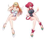  2girls blonde_hair breasts fire green322 highres large_breasts long_hair mythra_(xenoblade) one-piece_swimsuit pyra_(xenoblade) red_eyes redhead short_hair swimsuit thick_thighs thighs xenoblade_(series) xenoblade_2 yellow_eyes 