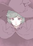  1girl bangs berserk cape check_copyright collared_cape copyright_request green_hair hat looking_at_viewer parted_lips purple_cape purple_headwear ringed_eyes schierke short_hair solo swept_bangs tasaka_shinnosuke upper_body violet_eyes witch_hat 