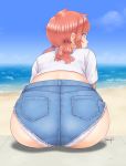  artist_name ass beach blue_eyes brown_hair day denim denim_shorts from_behind looking_to_the_side monica_blueash outdoors school_girl_strikers shirt short_shorts short_sleeves short_twintails shorts sitting sunsun69 twintails white_shirt 