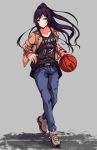  1girl absurdres basketball belt black_hair brown_jacket collarbone denim floating_hair full_body highres idolmaster idolmaster_shiny_colors jacket jeans kakuzatou_(cubesugar03196) long_hair long_sleeves pants ponytail shirase_sakuya shoes sneakers solo yellow_eyes 