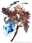  1girl absurdres bandages belt belt_buckle blonde_hair blood bloody_bandages boots buckle cloak cross-laced_footwear deep_wound eyepatch frills full_body fur_trim grin highres injury ji_no little_red_riding_hood_(sinoalice) looking_at_viewer mace official_art orange_eyes sinoalice smile solo square_enix thigh-highs thigh_boots torn_clothes weapon white_background 