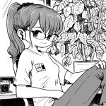  1girl earphones earphones from_side glasses hand_on_own_knee highres iced_coffee kawatarou monochrome original pants plant ponytail potted_plant scrunchie sitting solo wireless_earphones 