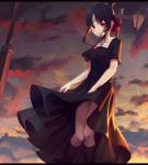  1girl black_dress black_hair black_legwear bow dress dress_lift dress_tug evening hair_bow highres kaguya-sama_wa_kokurasetai_~tensai-tachi_no_renai_zunousen~ kneehighs lamppost long_dress neck_ribbon outdoors parted_lips red_bow red_eyes red_ribbon ribbon shinomiya_kaguya shiny shiny_hair short_sleeves sidelocks sky solo standing star_(sky) starry_sky tied_hair wind wind_lift xeonomi 