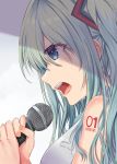  1girl absurdres aqua_eyes aqua_hair barcode_tattoo bare_shoulders commentary hair_ornament hatsune_miku highres hisuka holding holding_microphone long_hair microphone music number_tattoo open_mouth portrait shoulder_tattoo singing symbol_commentary tattoo tears twintails vocaloid 