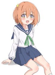 1girl bare_legs blue_eyes blush highres koisuru_asteroid konohata_mira loli looking_at_viewer multicolored multicolored_eyes open_mouth orange_hair original papion school_uniform serafuku short_hair sitting skirt smile thighs trg-_(sain)