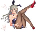  1girl animal_ears bangs black_legwear black_leotard blue_eyes bow bowtie braid braided_bangs breasts bunny_girl bunny_tail bunnysuit commentary_request dated detached_collar grey_hair high_heels highres hisakawa_hayate idolmaster idolmaster_cinderella_girls jun_piro leg_up leotard long_hair looking_at_viewer medium_breasts one_eye_closed pantyhose rabbit_ears red_footwear red_neckwear shiny shiny_clothes signature simple_background sitting smile solo strapless strapless_leotard tail white_background wrist_cuffs 