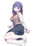  1girl bangs blush breasts eyebrows_visible_through_hair fate/stay_night fate_(series) hair_ribbon himura_kiseki large_breasts long_hair looking_at_viewer matou_sakura parted_lips purple_hair red_ribbon ribbon school_uniform simple_background sitting smile socks solo teeth violet_eyes white_background yokozuwari 