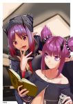  2girls :o absurdres arknights bare_shoulders black_jacket book closed_mouth ear_piercing evilbearxu hairband hibiscus_(arknights) highres holding holding_book horns jacket jewelry lava_(arknights) long_sleeves multiple_girls open_clothes open_jacket open_mouth piercing pointy_ears purple_hair shirt siblings sidelocks sisters spiked_hairband spikes twins violet_eyes 