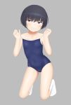  1girl absurdres black_hair blue_swimsuit covered_navel full_body grey_background highres kneeling looking_at_viewer one-piece_swimsuit original sc_naru school_swimsuit short_hair simple_background smile socks solo strap_lift swimsuit white_legwear 