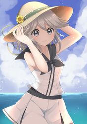  black_ribbon blush clouds eyebrows_visible_through_hair flower green_ribbon grey_eyes grey_hair hands_on_headwear hat hat_flower hat_ribbon highres houlen_yabusame lace len&#039;en looking_at_viewer midriff_peek namori ocean ribbon shirt short_hair skort sky sleeveless sleeveless_shirt smile straw_hat sun_hat sunflower upper_body 