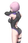  1girl absurdres arched_back armpits arms_up ass back_cutout bare_shoulders black_gloves black_legwear black_leotard bob_cut breasts cowboy_shot elbow_gloves eyebrows_visible_through_hair fate/grand_order fate_(series) from_behind gloves hands_on_own_neck highres kyounami leotard mash_kyrielight medium_breasts parted_lips purple_hair short_hair simple_background single_thighhigh solo thigh-highs thigh_strap thighs violet_eyes white_background 