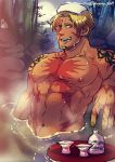  1boy bamboo bangs bara beowulf_(fate/grand_order) blonde_hair chest cup facial_hair fate/grand_order fate_(series) goatee male_focus manly muscle nipples onsen pectorals red_eyes scar shirtless solo tattoo towel towel_on_head upper_body wet yamanome 