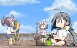  3girls ahoge alternate_costume aoba_(kantai_collection) blue_sky clouds commentary_request day green_eyes green_shorts grey_eyes grey_hair hair_between_eyes hair_bun hamu_koutarou highres indian_style jar kantai_collection kiyoshimo_(kantai_collection) low_twintails multiple_girls outdoors paintbrush pole ponytail purple_shorts rock sculpture shimushu_(kantai_collection) shirt short_hair shorts silver_hair sitting sky t-shirt theodolite twintails white_shirt 